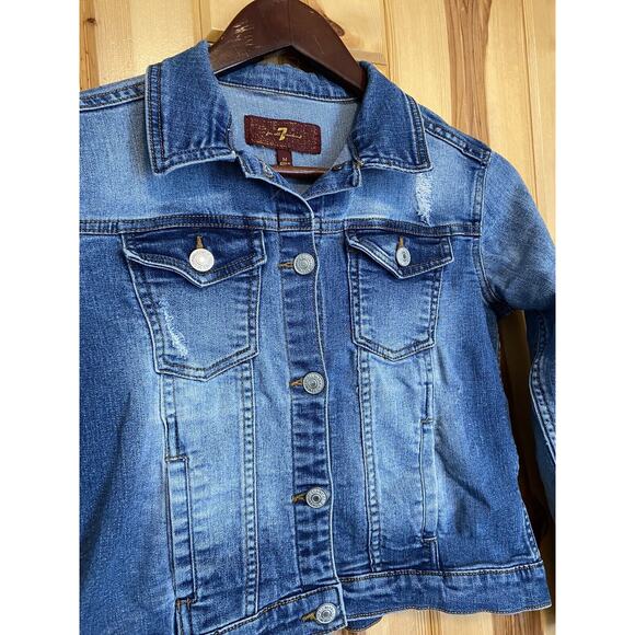 7 For All Mankind Denim Jacket Girls M Trucker Distressed Flap Pockets Stretchy - Picture 2 of 8
